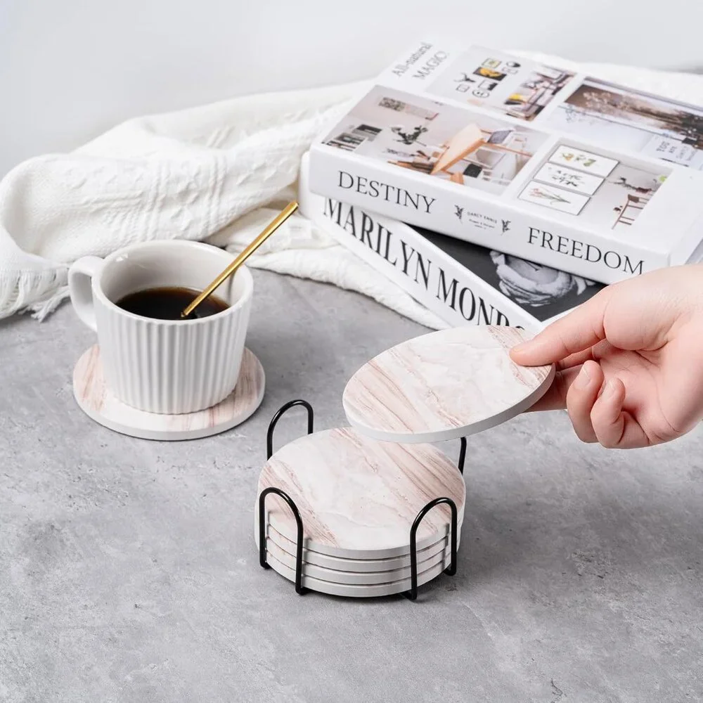 6Pcs Drink Coasters with Holder, Marble Style Ceramic Drink Coaster, Absorbent C